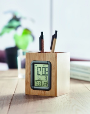 Logo trade promotional gifts picture of: Bamboo pen holder and LCD clock